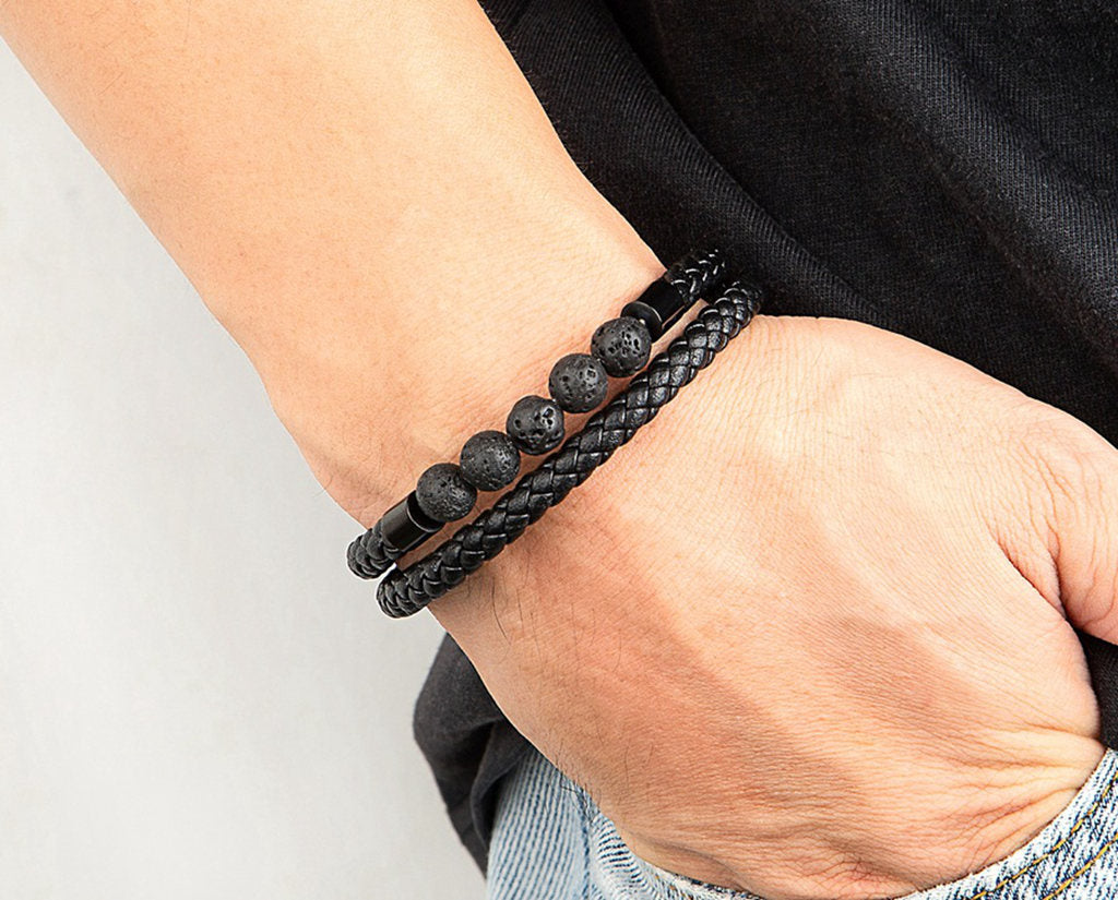 Black Braided Leather Bracelet with Lava Stone Beads-Stainless Steel Bracelets-5-Glitters