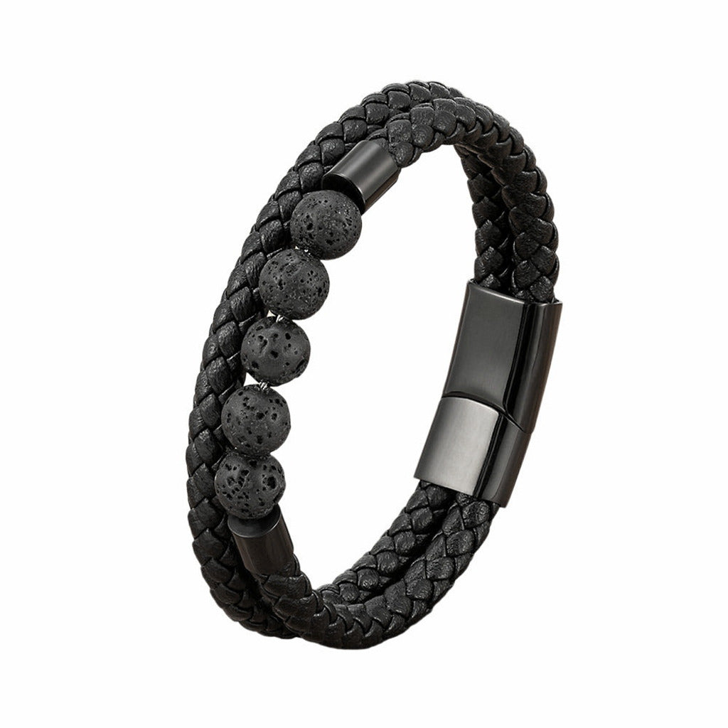 Black Braided Leather Bracelet with Lava Stone Beads-Stainless Steel Bracelets-1-Glitters