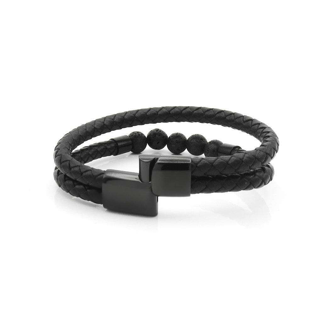 Black Braided Leather Bracelet with Lava Stone Beads-Stainless Steel Bracelets-3-Glitters