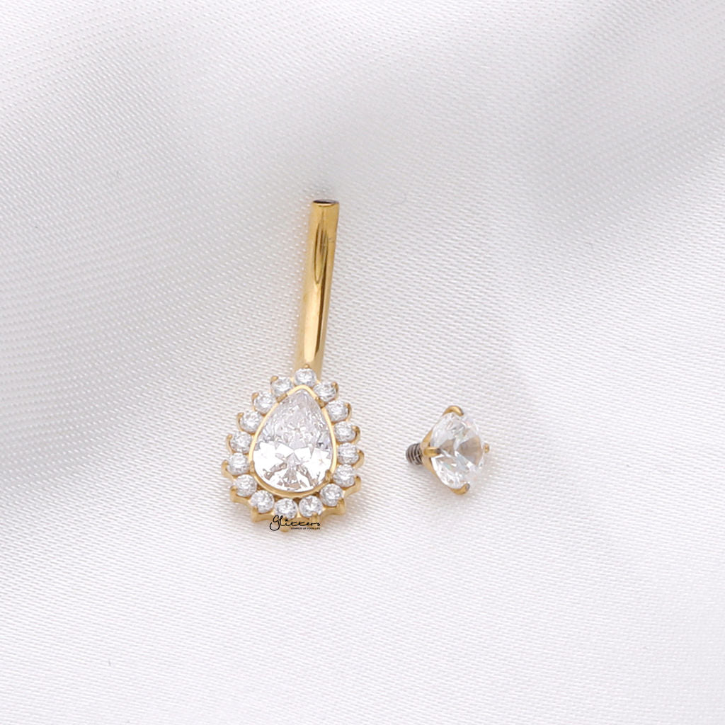 Titanium Teardrop CZ Belly Button Ring with CZ Pave Edge - Gold-Belly Rings-3-Glitters