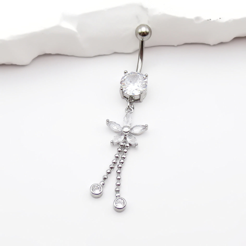 CZ Flower Dangling Fringe Belly Button Ring