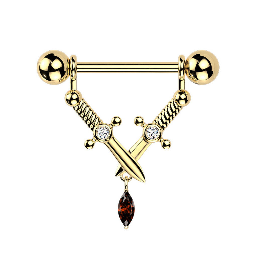 Crossed Daggers & Marquise CZ Dangle Nipple Barbell - Gold-Nipple Barbells-1-Glitters
