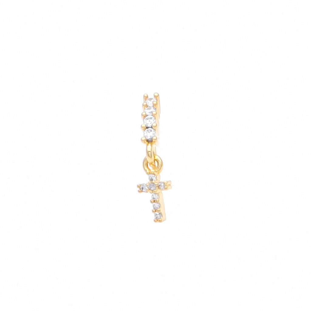 CZ Hoop Nose Ring with Dangle Cross - Gold-Nose Studs-1-Glitters