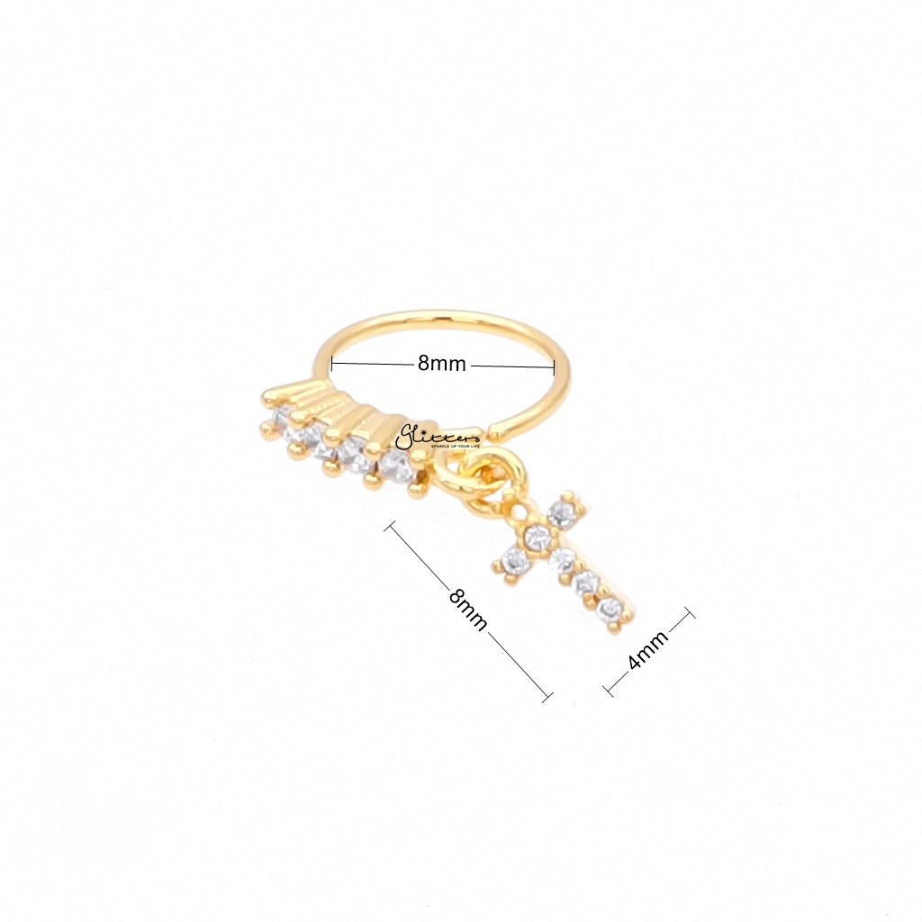 CZ Hoop Nose Ring with Dangle Cross - Gold-Nose Studs-2-Glitters