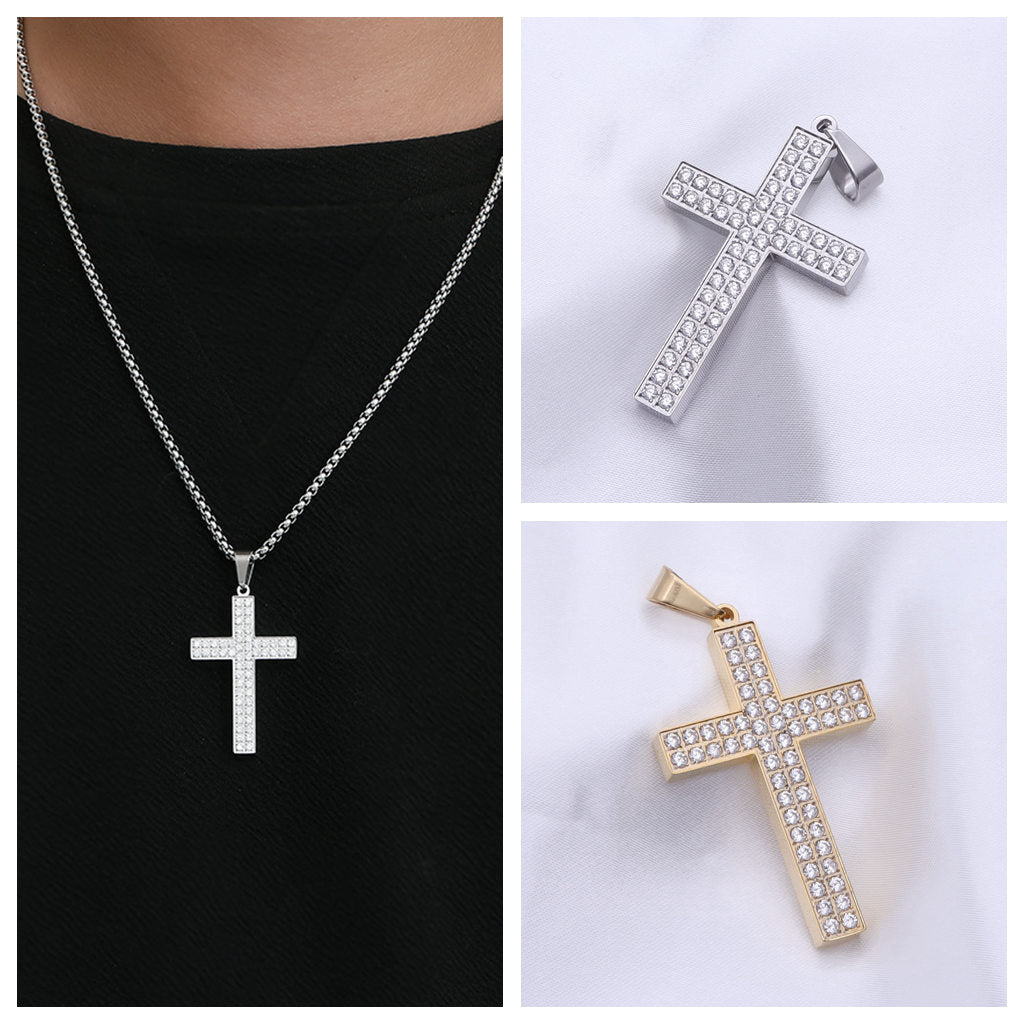 CZ Paved Stainless Steel Cross Pendant - Silver-Pendants-4-Glitters
