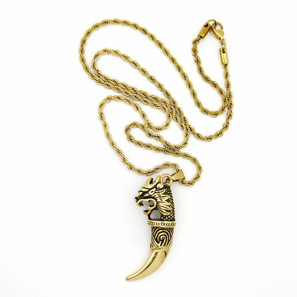 Stainless Steel Dragon Head with Wolf Tooth Pendant - Gold-Pendants-4-Glitters