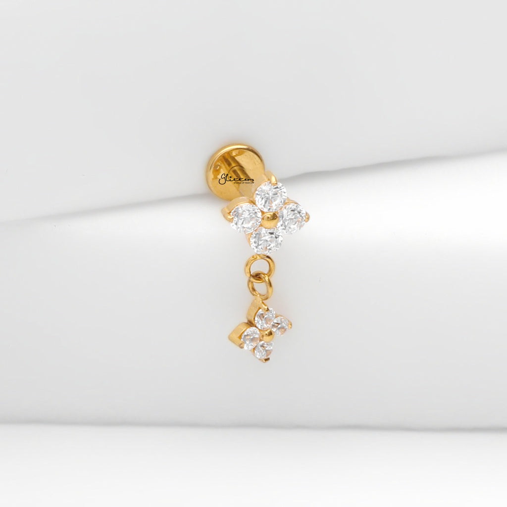 Double CZ Flower Dangle Titanium Flat Back Stud Earrings-Tragus | Cartilage | Daith | Conch-4-Glitters