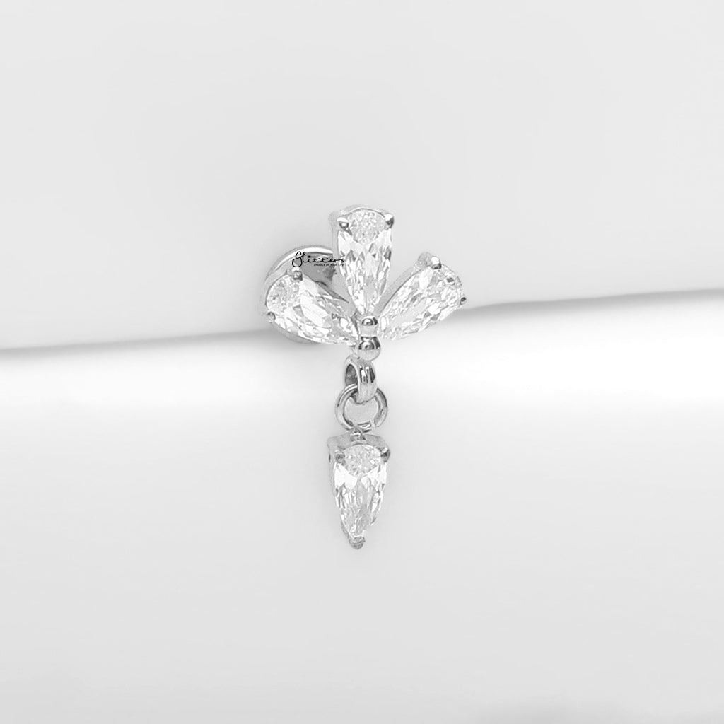 Flower with Dangling Teardrop CZ Titanium Flat Back Stud Earrings-Tragus | Cartilage | Daith | Conch-3-Glitters