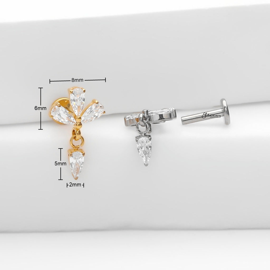 Flower with Dangling Teardrop CZ Titanium Flat Back Stud Earrings-Tragus | Cartilage | Daith | Conch-5-Glitters