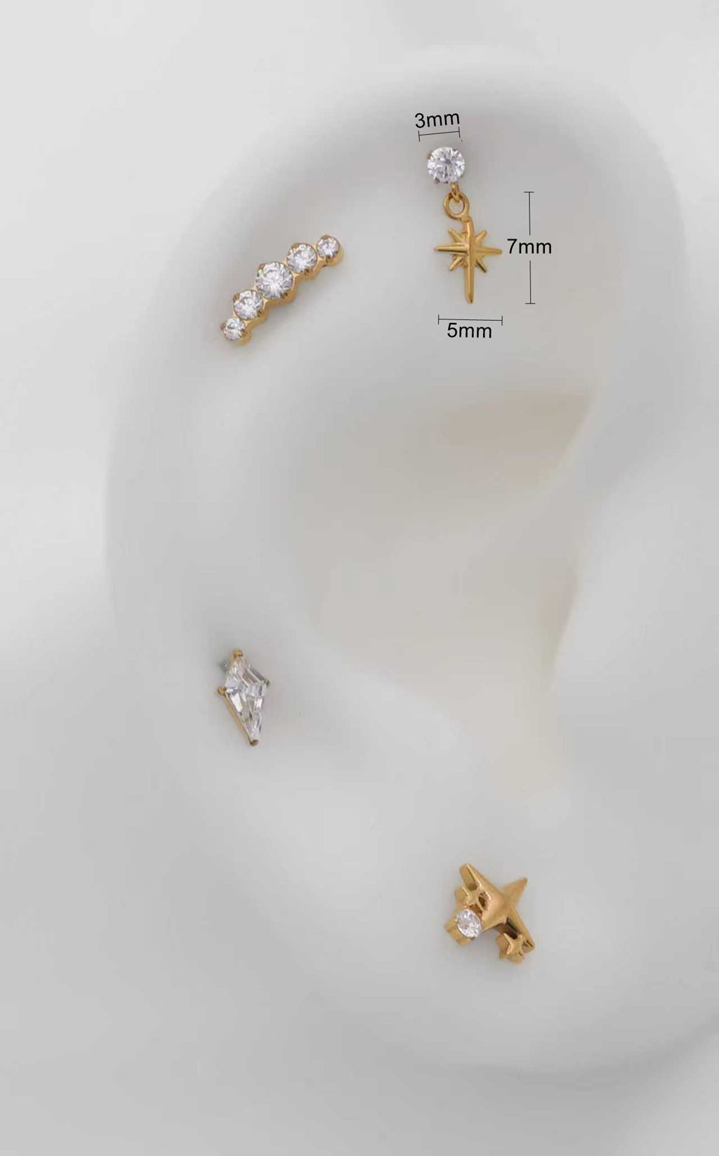 CZ with Dangle Star Titanium Flat Back Stud Earrings-Tragus | Cartilage | Daith | Conch-3-Glitters