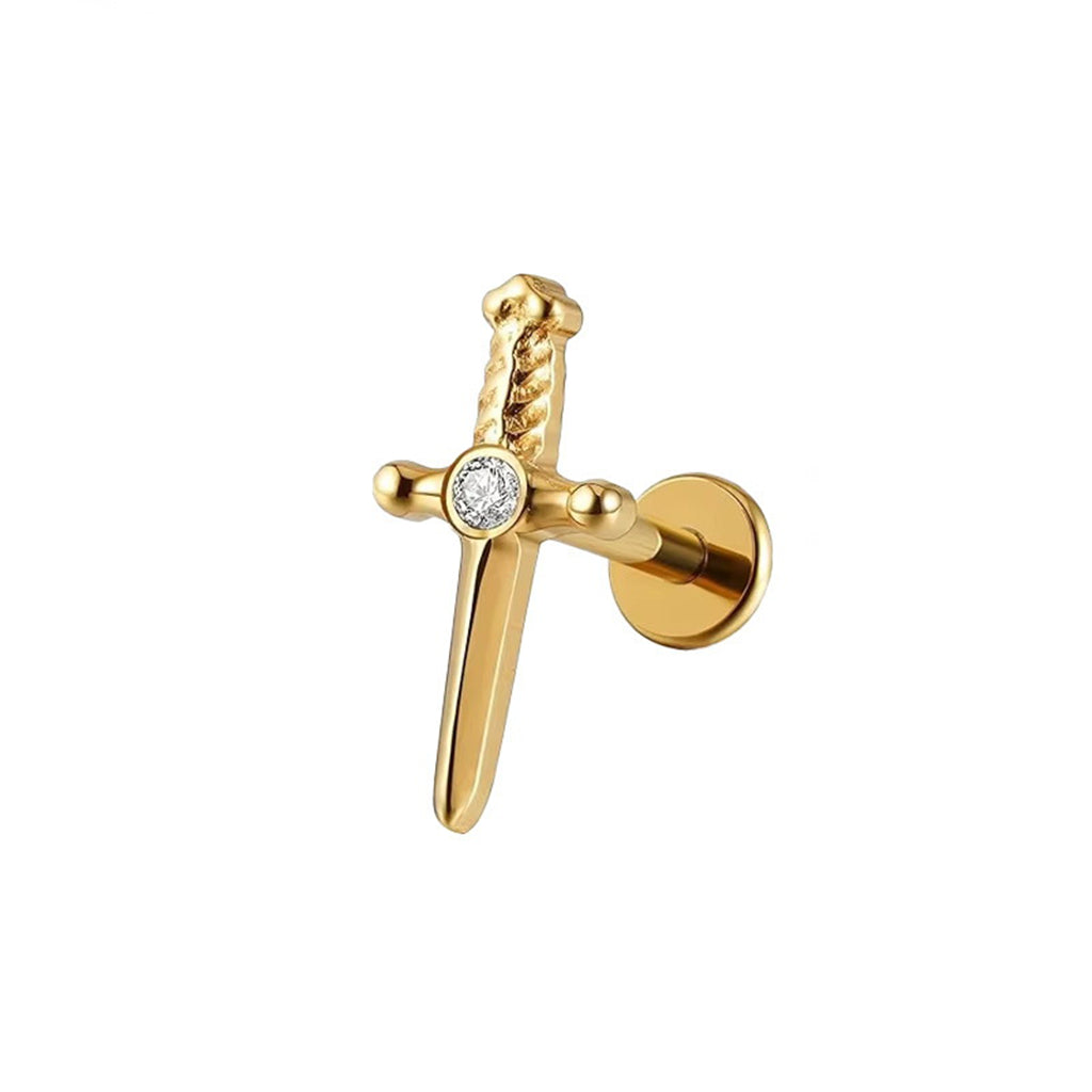 Sword with CZ Titanium Flat Back Stud Earrings