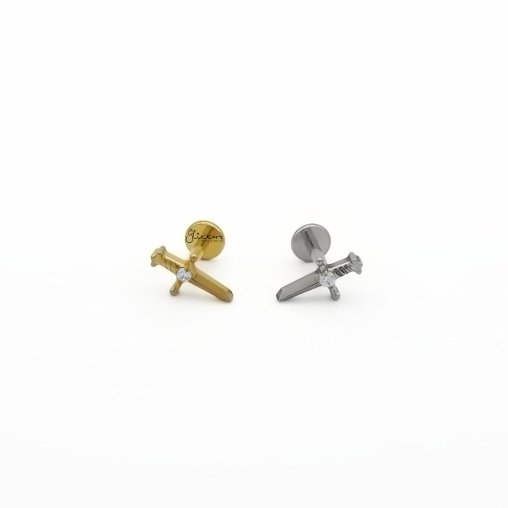 Sword with CZ Titanium Flat Back Stud Earrings-Tragus | Cartilage | Daith | Conch-4-Glitters