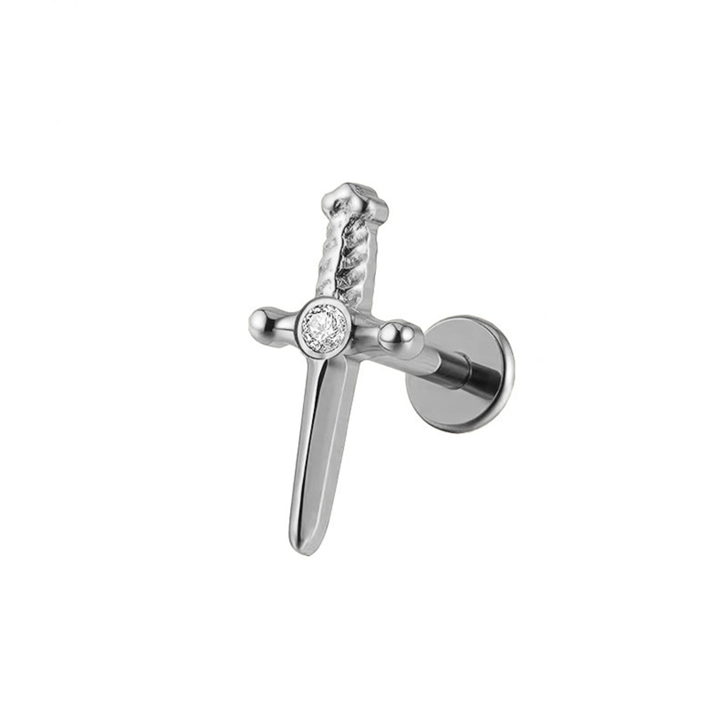 Sword with CZ Titanium Flat Back Stud Earrings