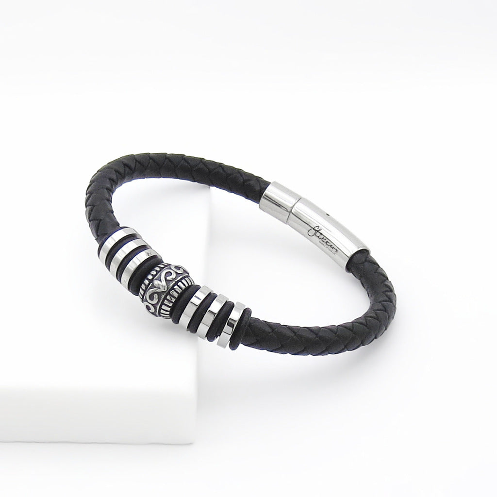 Single-Band Braided Leather Bracelet with Patterned Steel Accents-Leather Bracelets-2-Glitters