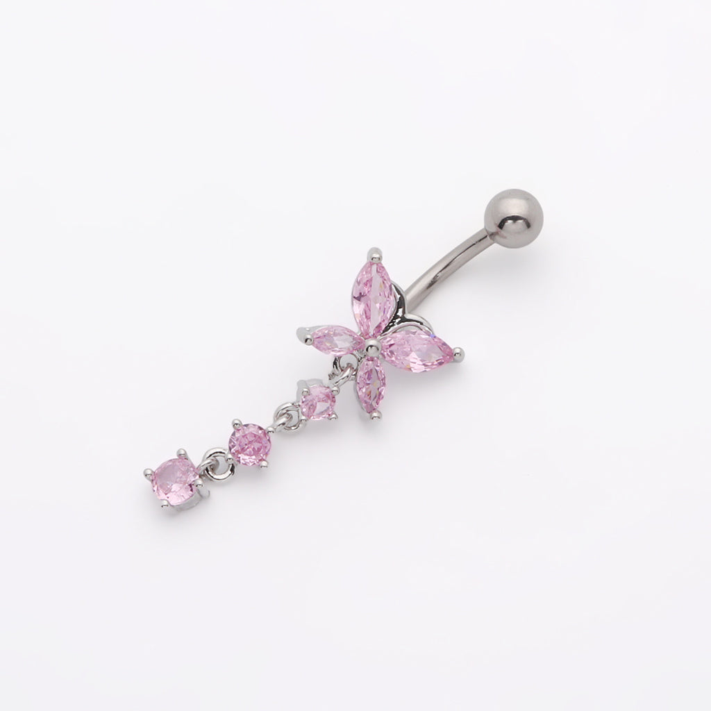 CZ Butterfly with Dangle CZ Belly Button Navel Ring Pink