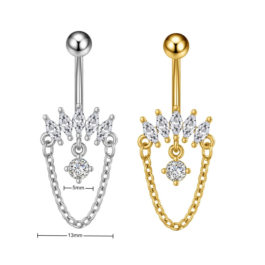 5 Marquise CZ and Chain Dangle Belly Button Navel Ring - Gold-Belly Rings-3-Glitters