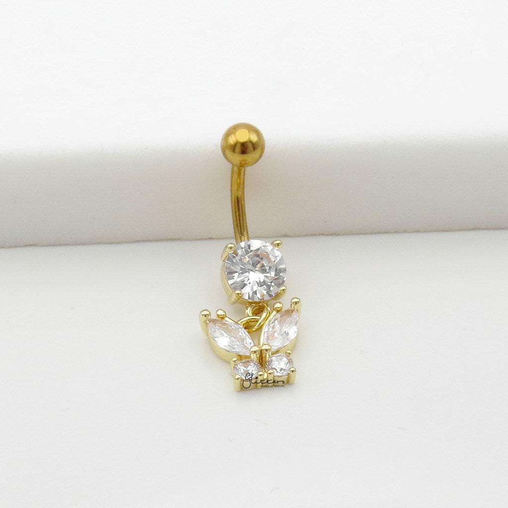 CZ Butterfly Dangle Belly Button Navel Ring - Gold-Belly Rings-3-Glitters