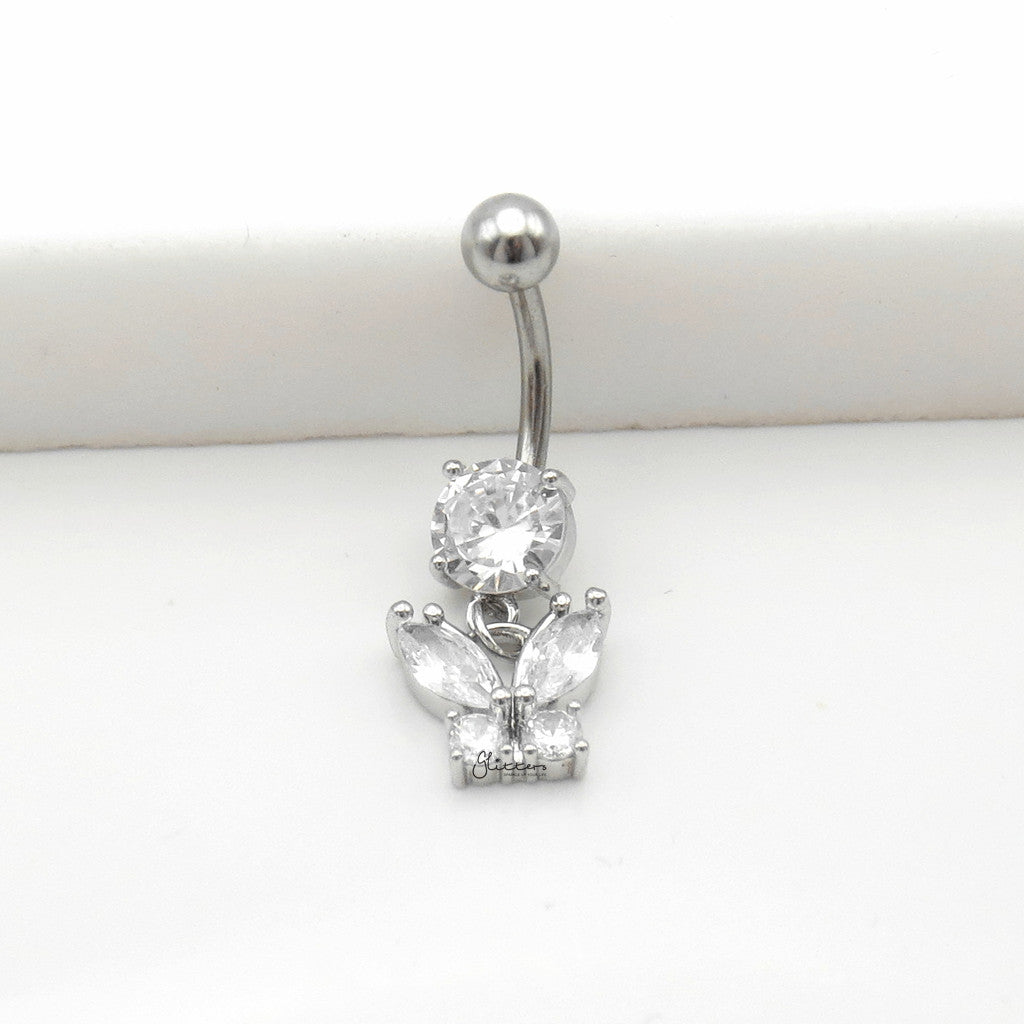 CZ Butterfly Dangle Belly Button Navel Ring - Silver