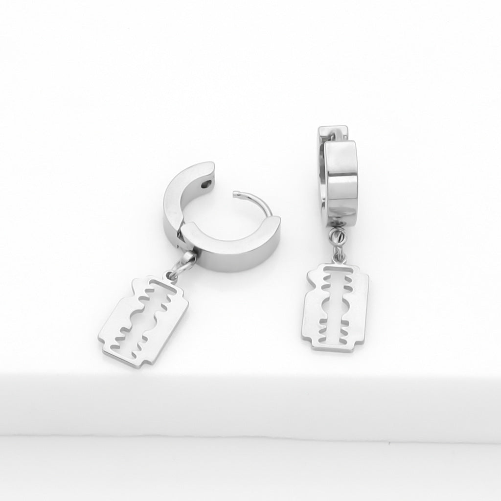 Stainless Steel Huggie Hoop Earrings with Razor Blade Charm - Silver-Hoop Earrings-1-Glitters