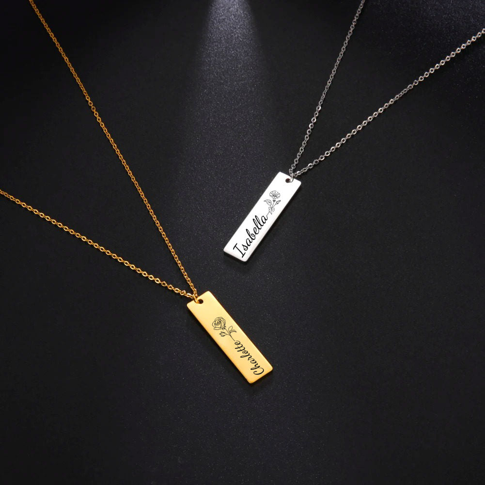 Personalised Vertical Bar Necklace - Birth Flower & Name-Personalised Necklaces-3-Glitters