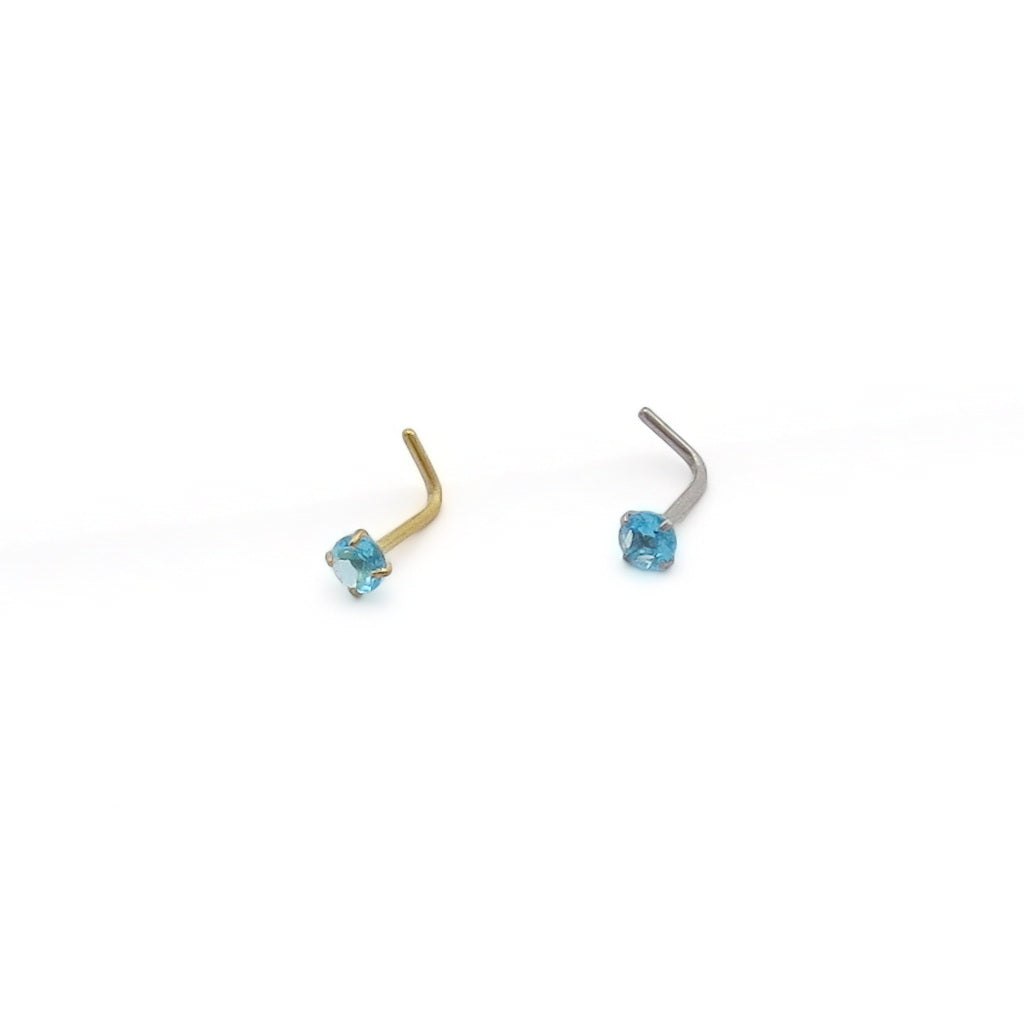 3mm Aqua Round C.Z L Bend Nose Stud-Nose Studs-1-Glitters