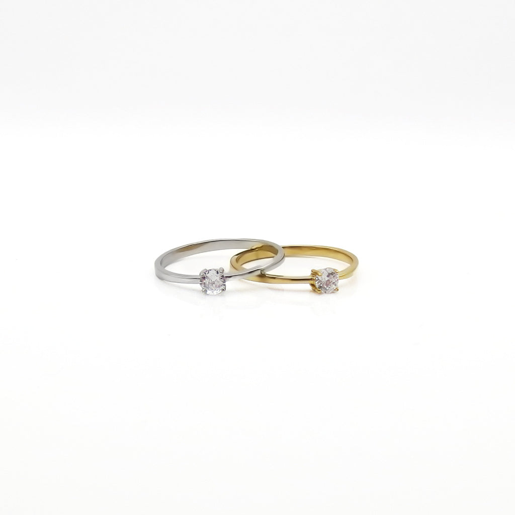 Stainless Steel Single Round CZ Solitaire Ring - Gold-Stainless Steel Rings-3-Glitters