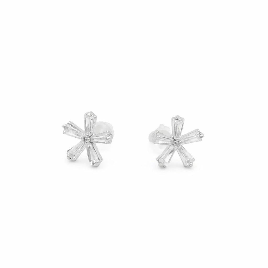 Sterling Silver Baguette CZ Flower Stud Earrings