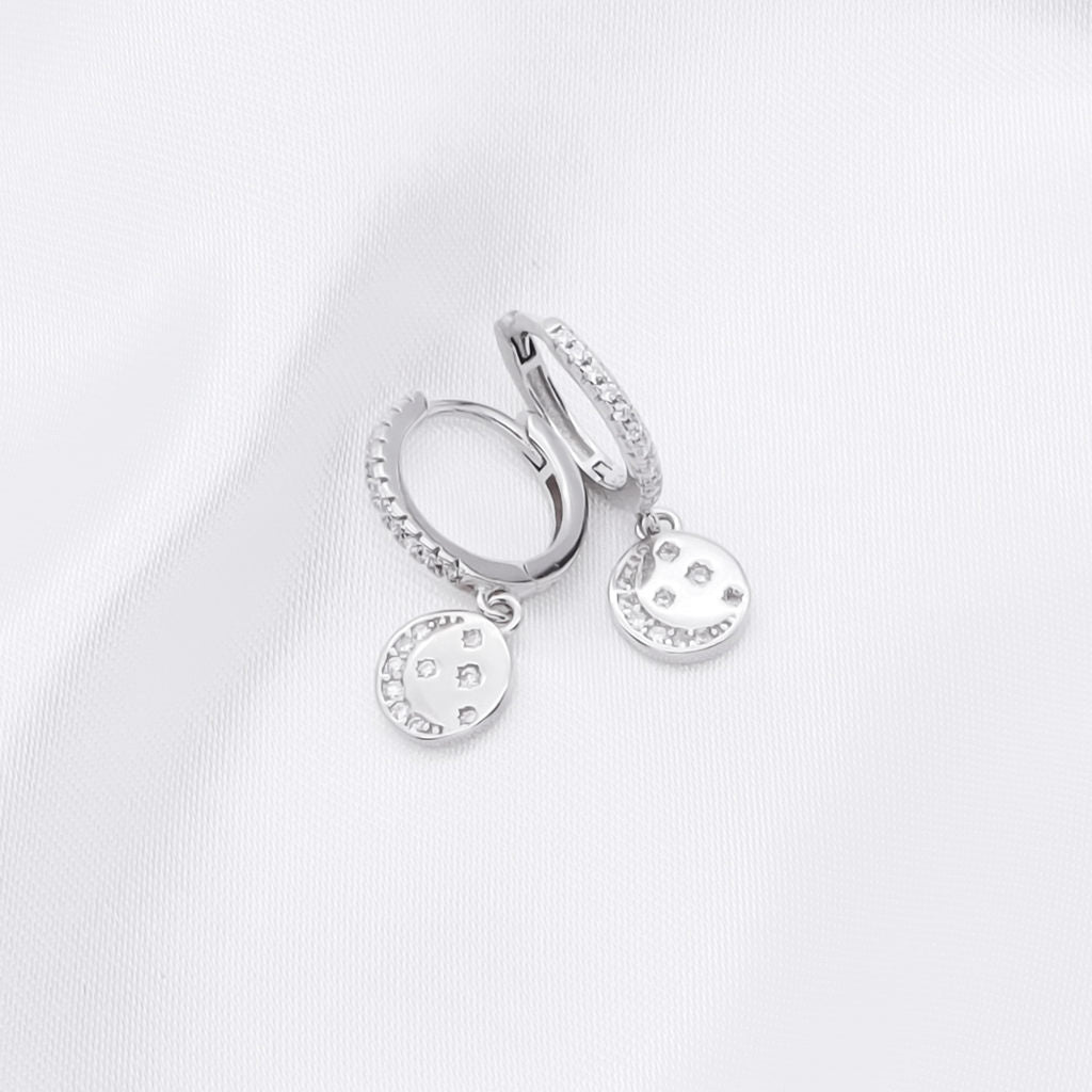 Sterling Silver Huggie Hoop Earrings with Circle Charm Glitters