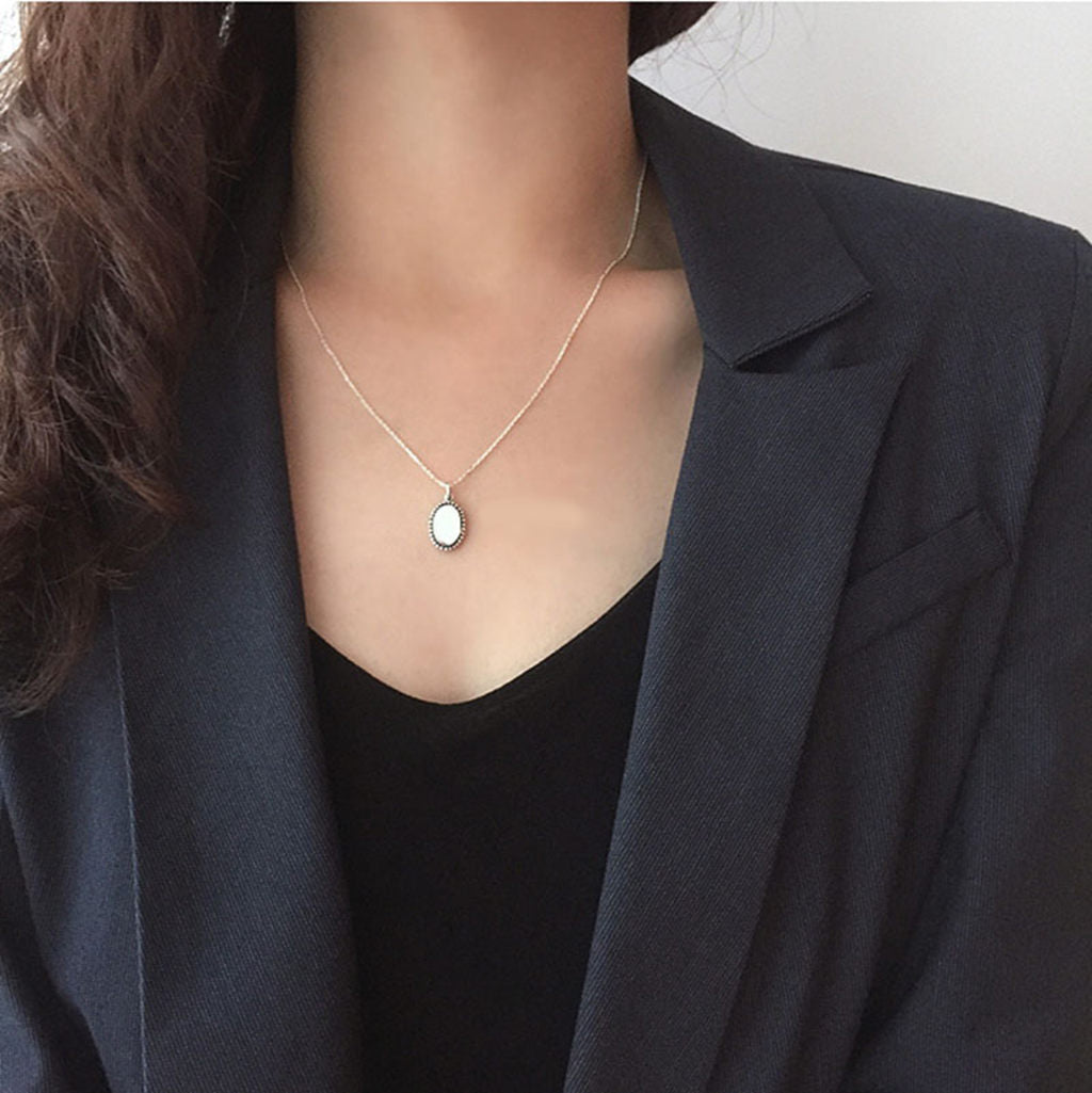 Sterling Silver Beaded Edge Oval Pendant Necklace-Sterling Silver Necklaces-3-Glitters