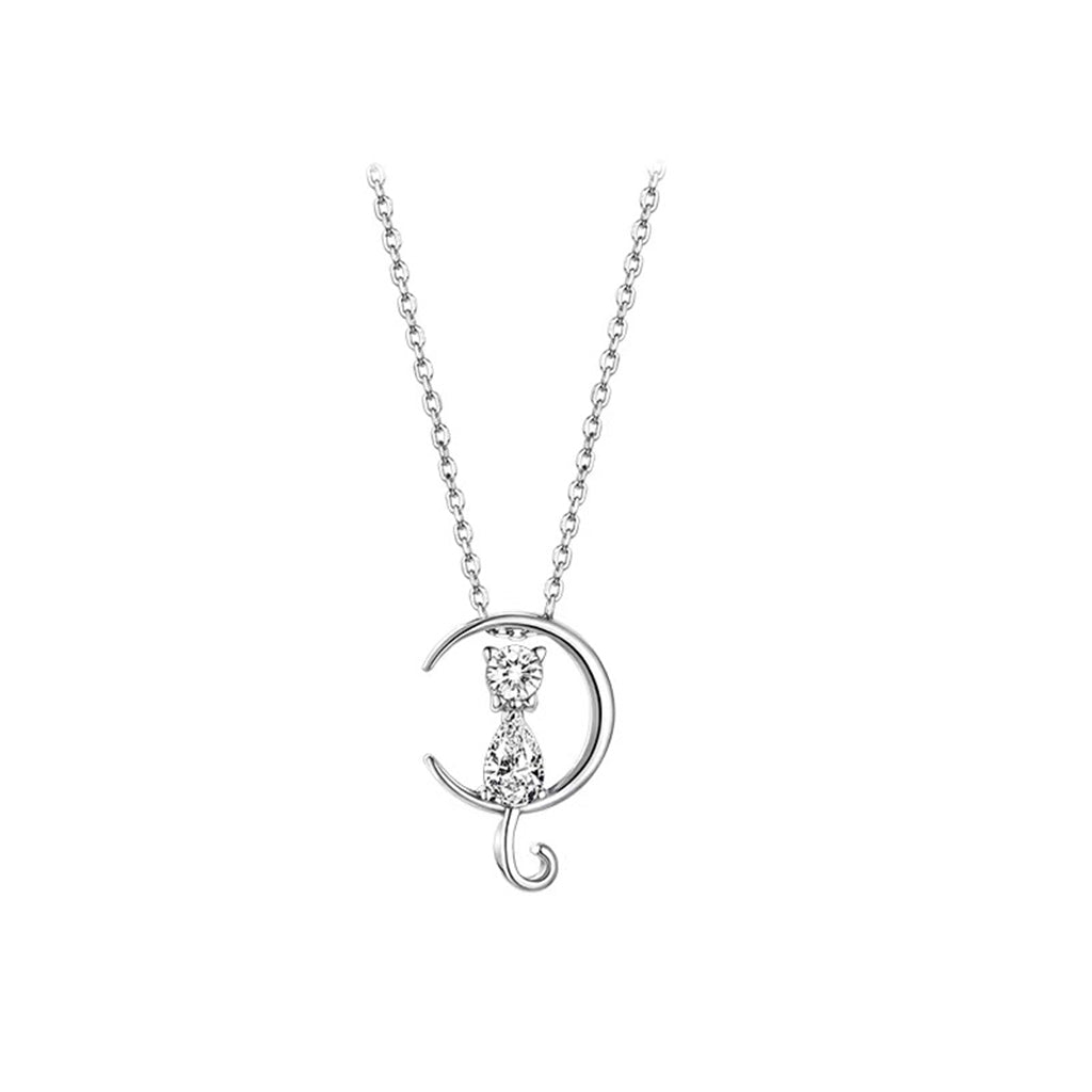 Sterling Silver CZ Cat on Moon Necklace-Sterling Silver Necklaces-1-Glitters