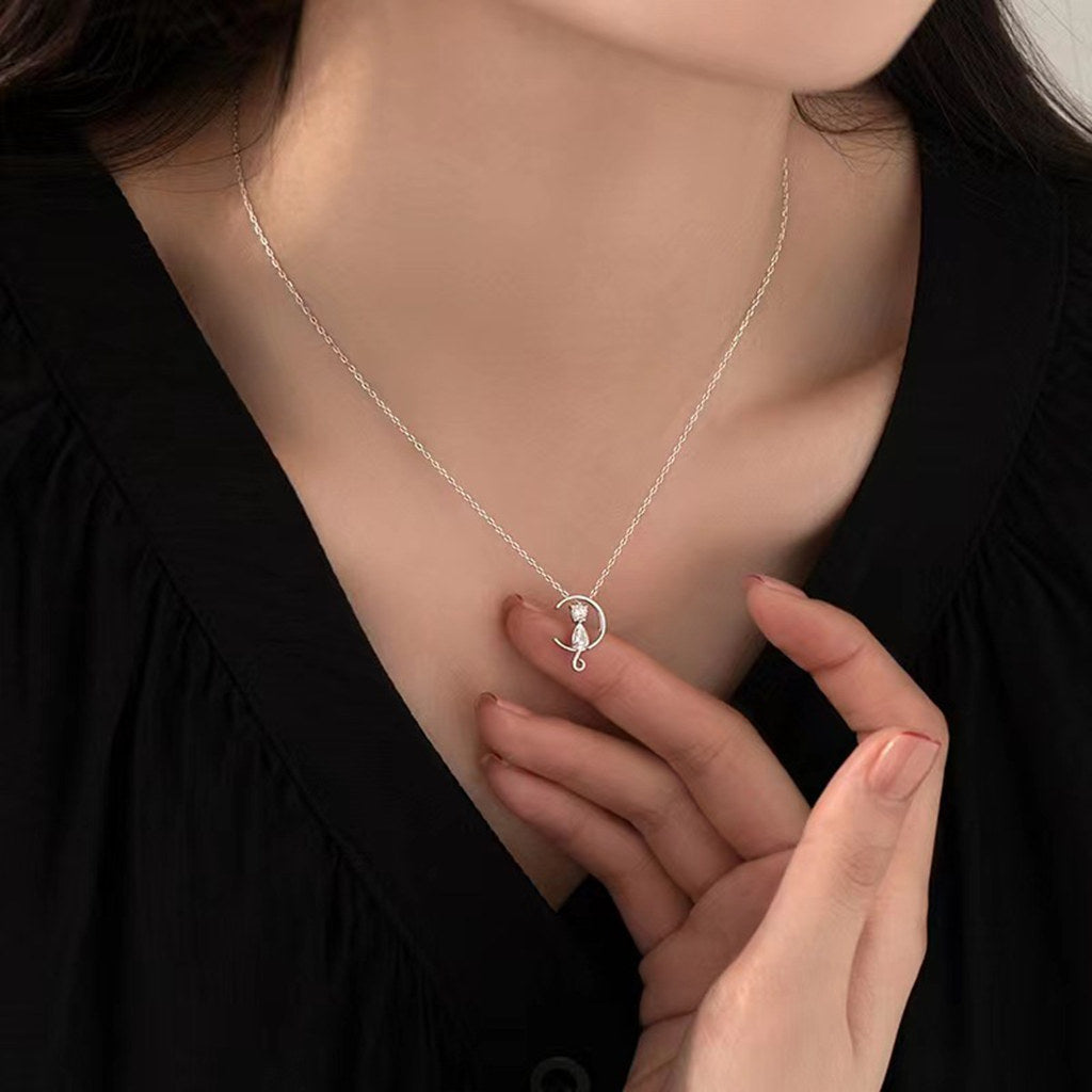 Sterling Silver CZ Cat on Moon Necklace-Sterling Silver Necklaces-2-Glitters