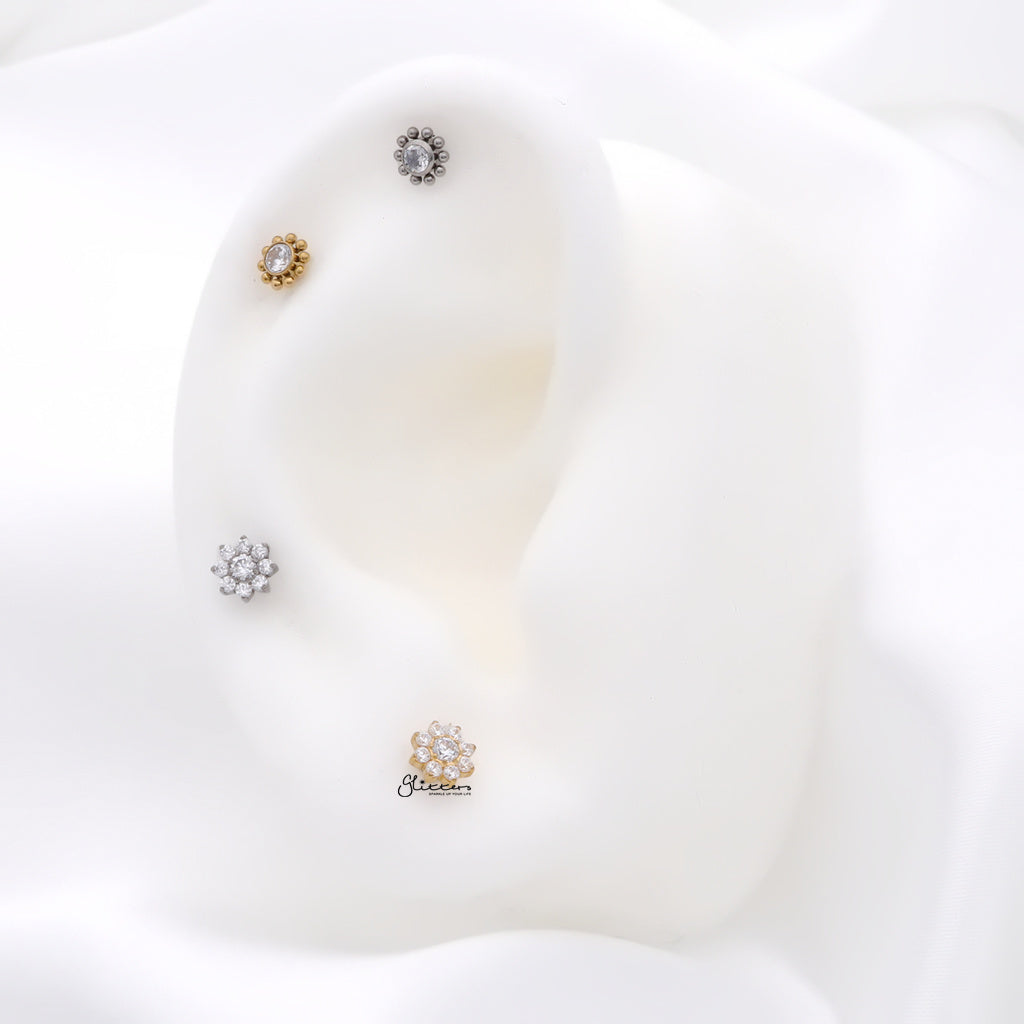 CZ Centre Top Internally Threaded Titanium Flat Back Stud Earrings-Tragus | Cartilage | Daith | Conch-5-Glitters