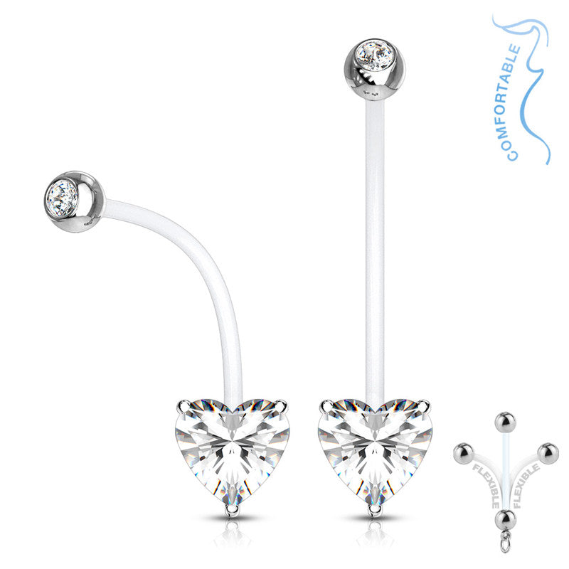 Heart CZ Pregnancy Bioflex Belly Button Ring - Clear-Belly Ring, Bio Flex, Body Piercing Jewellery, Cubic Zirconia, Pregnancy, Retainer-BJ0347-c-Glitters