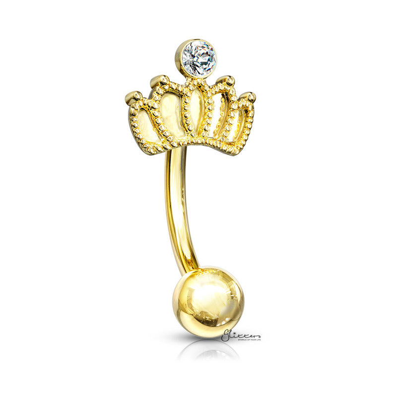Crown Curved Barbell Eyebrow Ring - Gold-Body Piercing Jewellery, Daith, Eyebrow-EB0018-G-Glitters
