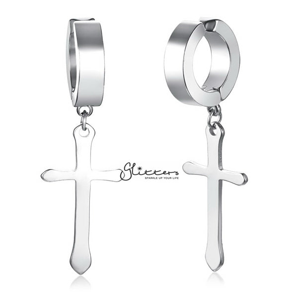 Non-Pierced Stainless Steel Clip On Cross Dangle Hoop Earrings Silver