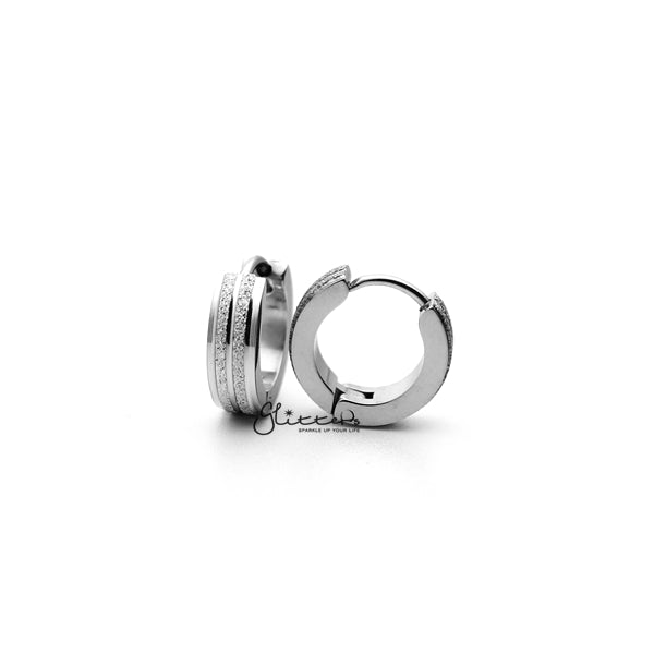 Stainless Steel Hinged Hoop Earrings with Sand Sparkle Lines Center-earrings, Hoop Earrings, Huggie Earrings, Jewellery, Men's Earrings, Men's Jewellery, Stainless Steel, Women's Earrings, Women's Jewellery-ER0121_2_Sand_Sparkle_Lines_center02-Glitters