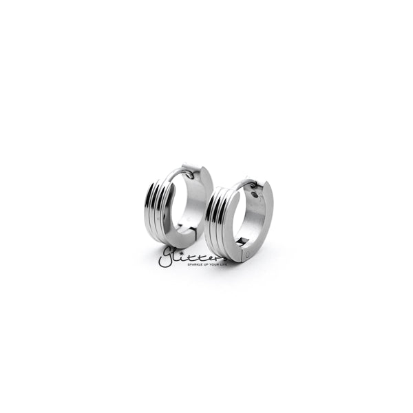 Stainless Steel Hinged Hoop Earrings with Grooves Carved Center - Silver-earrings, Hoop Earrings, Huggie Earrings, Jewellery, Men's Earrings, Men's Jewellery, Stainless Steel, Women's Earrings, Women's Jewellery-ER0121_Grooves_Carved_01-Glitters