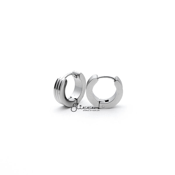 Stainless Steel Hinged Hoop Earrings with Grooves Carved Center - Silver-earrings, Hoop Earrings, Huggie Earrings, Jewellery, Men's Earrings, Men's Jewellery, Stainless Steel, Women's Earrings, Women's Jewellery-ER0121_Grooves_Carved_02-Glitters