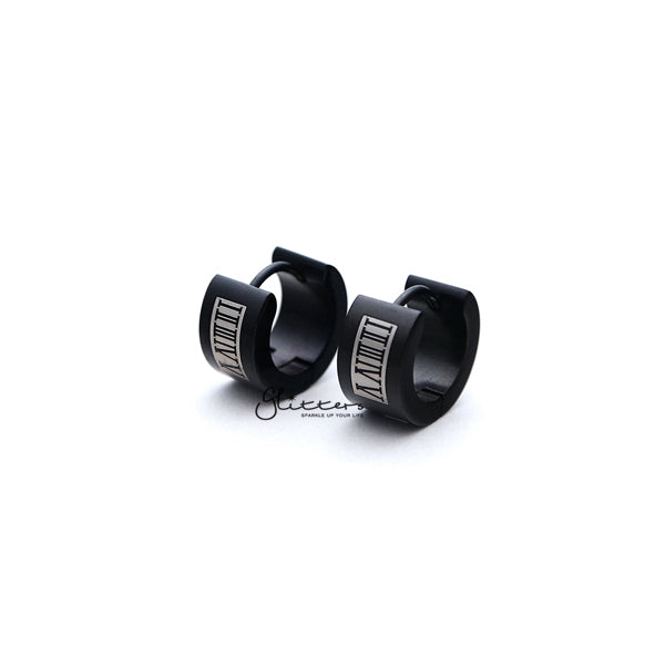 Black Titanium IP Stainless Steel Roman Numeral Huggie Hoop Earrings-earrings, Hoop Earrings, Huggie Earrings, Jewellery, Men's Earrings, Men's Jewellery, Stainless Steel-ER0122_Roman_numerals_KL01-Glitters
