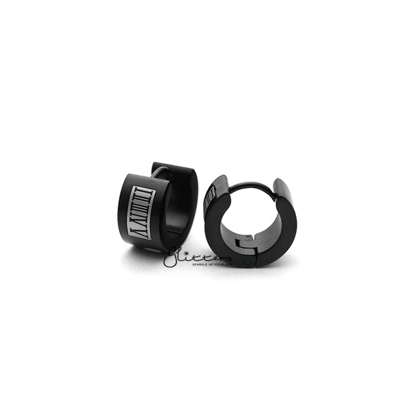 Black Titanium IP Stainless Steel Roman Numeral Huggie Hoop Earrings-earrings, Hoop Earrings, Huggie Earrings, Jewellery, Men's Earrings, Men's Jewellery, Stainless Steel-ER0122_Roman_numerals_KL02-Glitters