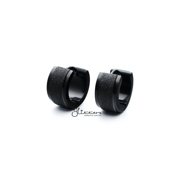 Black Titanium IP Stainless Steel Hinged Sand Sparkle Center Hoop Earrings-earrings, Hoop Earrings, Huggie Earrings, Jewellery, Men's Earrings, Men's Jewellery, Stainless Steel-ER0304_K-Sand_Sparkle_Center01-Glitters