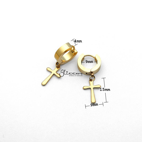 Stainless Steel Cross Drop Huggie Hoop Earrings - Gold-earrings, Hoop Earrings, Huggie Earrings, Jewellery, Men's Earrings, Men's Jewellery, Stainless Steel-ER1414_GPC02_02_New-Glitters
