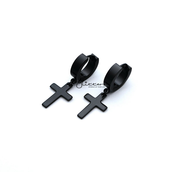 Stainless Steel Cross Dangle Huggie Hoop Earrings - Black-earrings, Hoop Earrings, Huggie Earrings, Jewellery, Men's Earrings, Men's Jewellery, Stainless Steel-ER1414_KFC01_01-Glitters