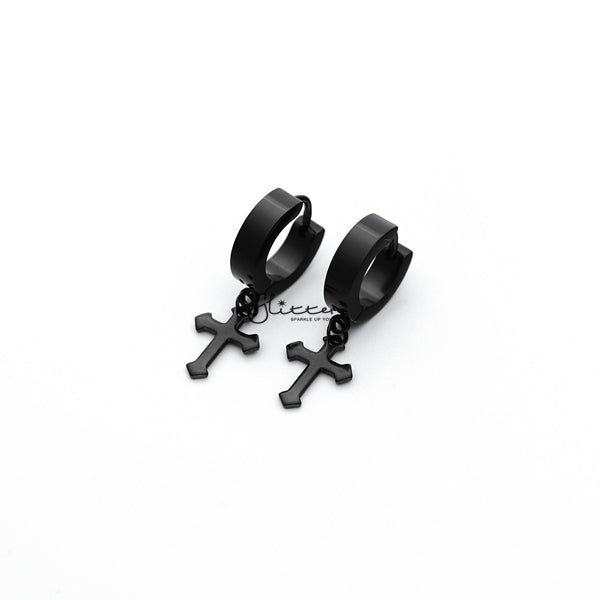 Stainless Steel Dangle Cross Huggie Hoop Earrings - Black-earrings, Hoop Earrings, Huggie Earrings, Jewellery, Men's Earrings, Men's Jewellery, Stainless Steel-ER1414_KP2_01-Glitters