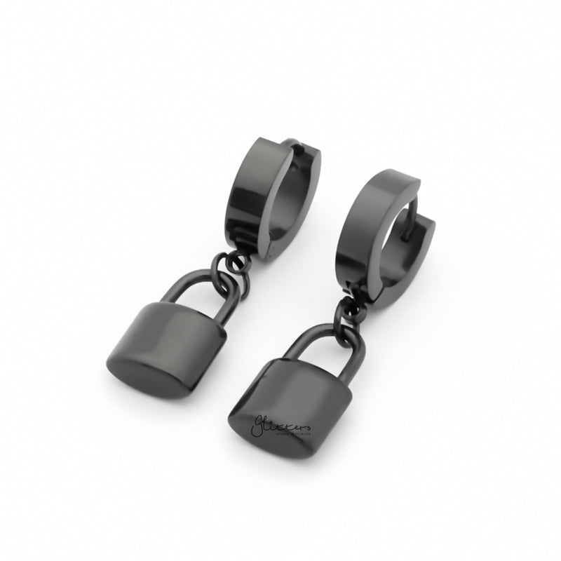 Stainless Steel Huggie Hoop Earrings with Padlock Charm - Black-earrings, Hoop Earrings, Huggie Earrings, Jewellery, Men's Earrings, Men's Jewellery, Stainless Steel, Women's Earrings-ER1544-K1_800-Glitters