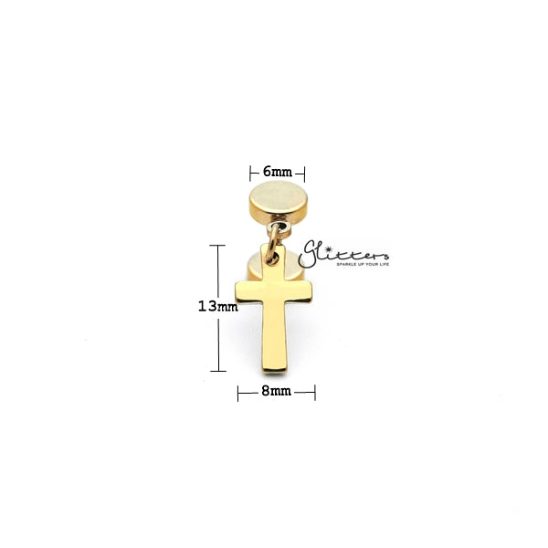 Stainless Steel Dangle Cross Fake Plug - Gold-Body Piercing Jewellery, earrings, Fake Plug, Jewellery, Men's Earrings, Men's Jewellery, Stainless Steel-FP0150_G1_01_New-Glitters