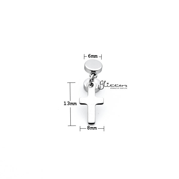 Stainless Steel Dangle Cross Fake Plug - Silver-Body Piercing Jewellery, earrings, Fake Plug, Jewellery, Men's Earrings, Men's Jewellery, Stainless Steel-FP0150_S1_01_New-Glitters