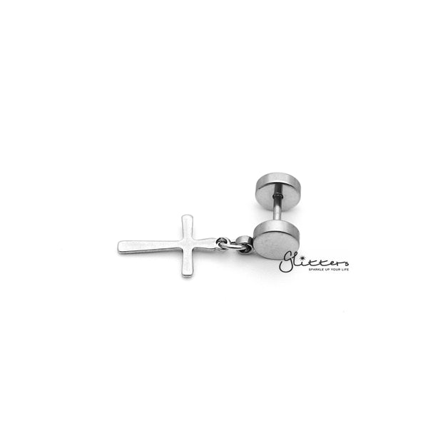 Stainless Steel Drop Cross Fake Plug Earring - Silver-Body Piercing Jewellery, earrings, Fake Plug, Jewellery, Men's Earrings, Men's Jewellery, Stainless Steel-FP0150_S2_01-Glitters