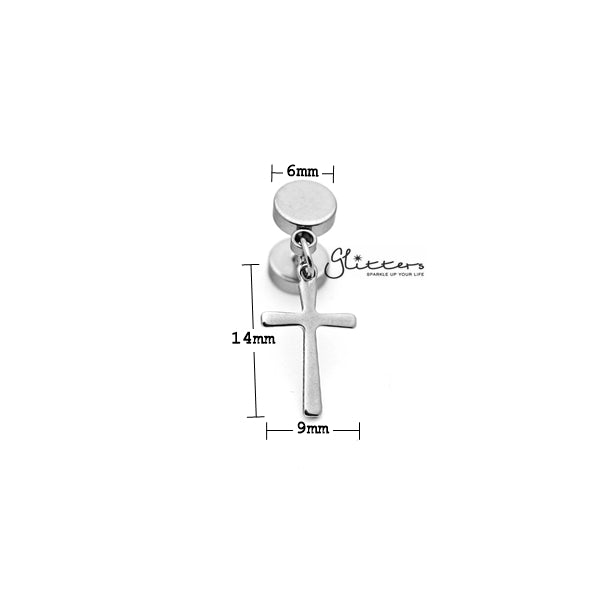 Stainless Steel Drop Cross Fake Plug Earring - Silver-Body Piercing Jewellery, earrings, Fake Plug, Jewellery, Men's Earrings, Men's Jewellery, Stainless Steel-FP0150_S2_02_New-Glitters