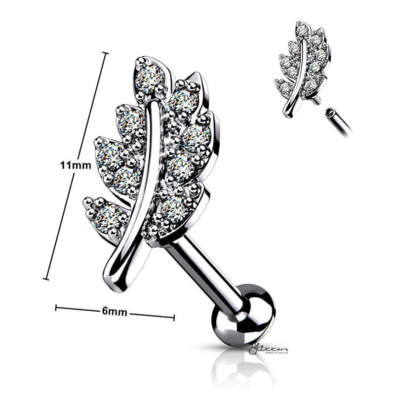 C.Z Paved Leaf Top on Internally Threaded Flat Back Stud - Silver-Body Piercing Jewellery, Cartilage, Cubic Zirconia, Jewellery, Tragus, Women's Earrings, Women's Jewellery-LIE01-C_New-Glitters